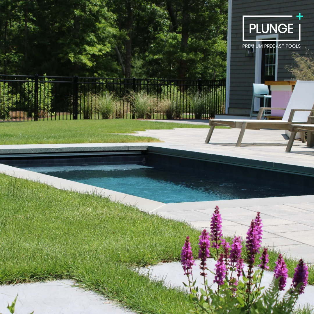 Backyard with a black fence, green lawn, patio with lounge chairs, and a small rectangular swimming pool. There are pink flowers in the foreground and a house with gray siding in the background.