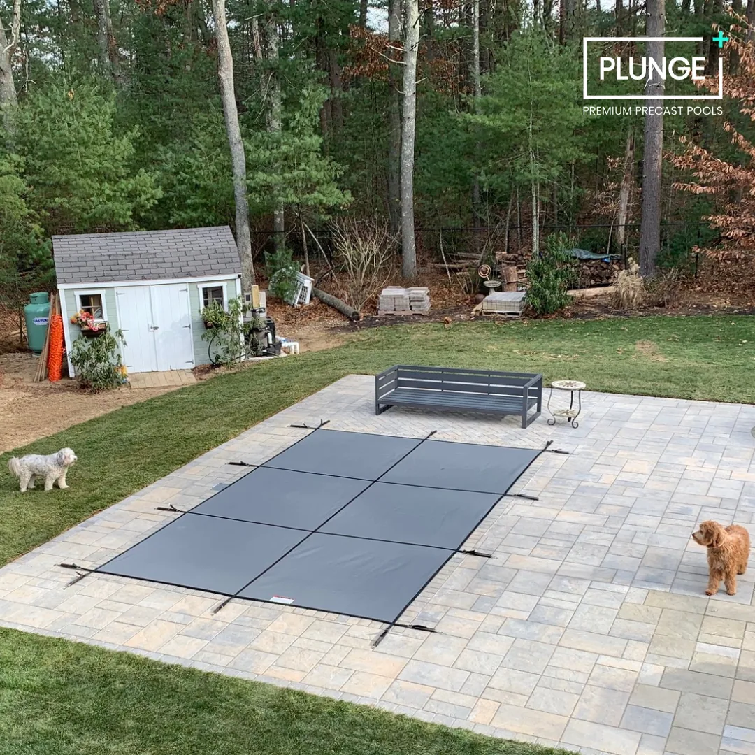 A backyard with a prefabricated pool cover on a stone patio, a black outdoor bench, a small round side table, a white shed with potted plants, and two dogs, one white and one brown, near a grassy area. There is a wooded area with trees and some stack
