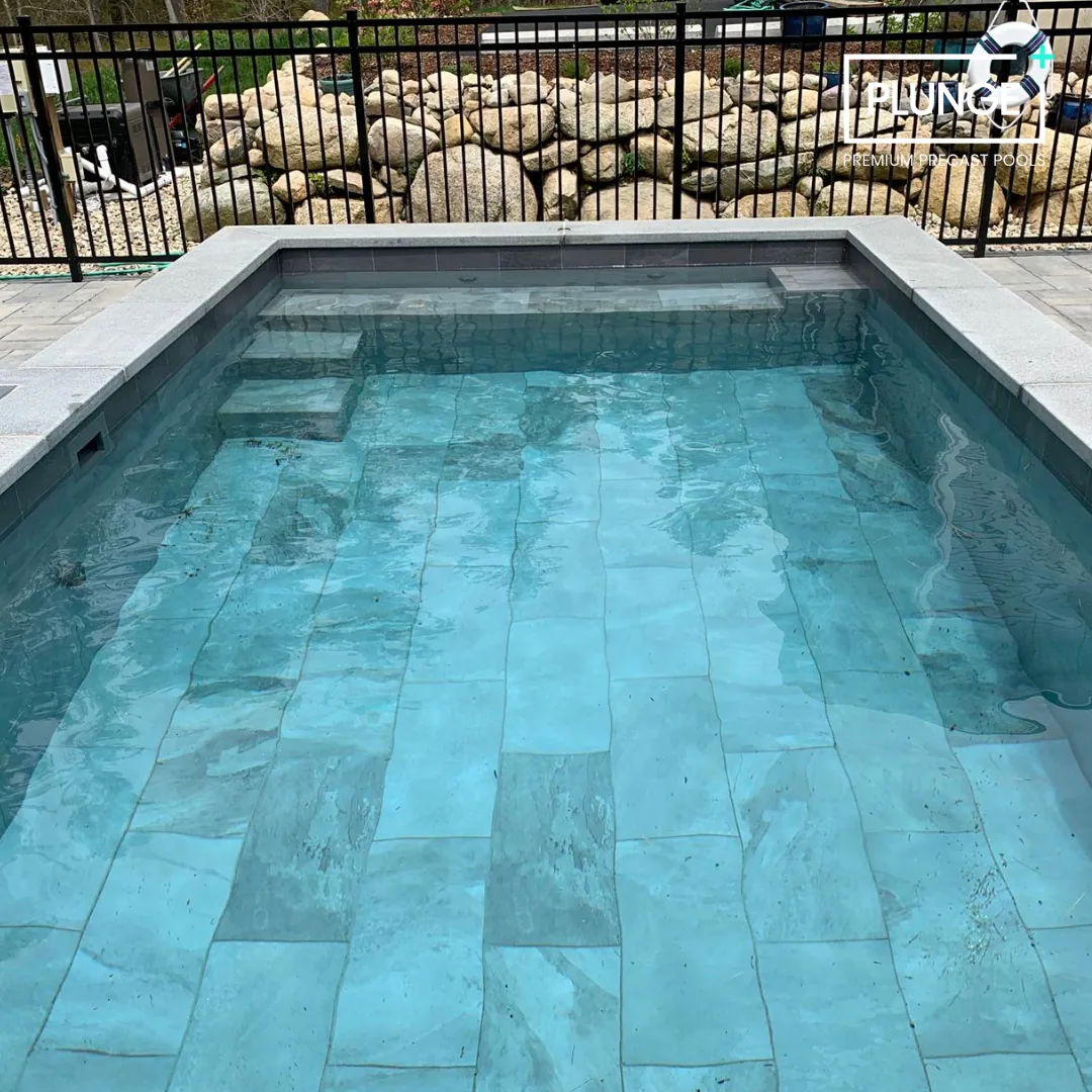 A small in-ground swimming pool with clear blue water, gray stone coping, and steps leading into the pool. Metal fence and rocks with some greenery are visible in the background.