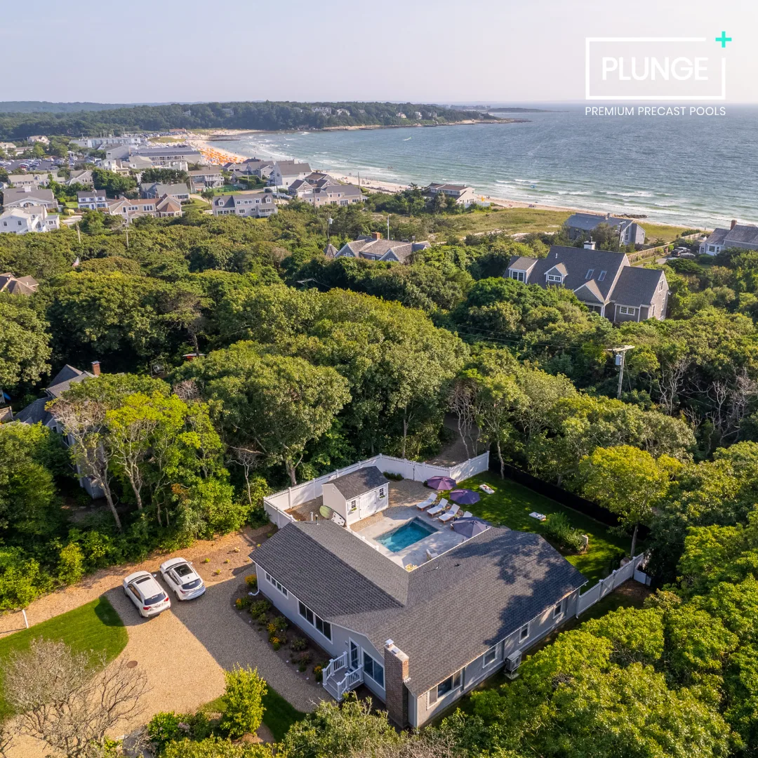 Aerial view of a coastal neighborhood with houses, greenery, and a backyard with a pool and lounge chairs, overlooking the ocean with waves.