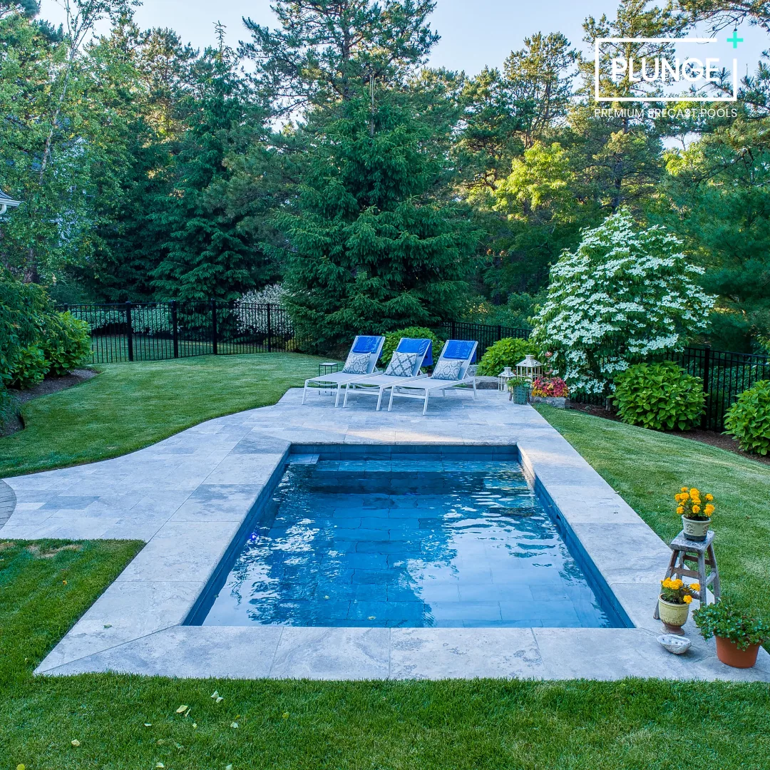 Backyard with small rectangular swimming pool, three lounge chairs with blue cushions, flowering plants, and lush green trees in the background.
