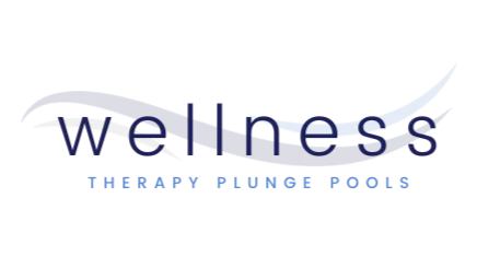 Logo for Wellness Therapy Plunge Pools featuring a stylized wave design and blue text.