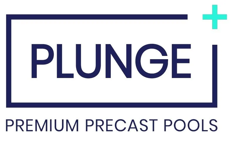 Logo for Plunge Premium Precast Pools, featuring the word "PLUNGE" in bold blue letters inside a rectangular frame with a turquoise plus sign in the upper right corner.