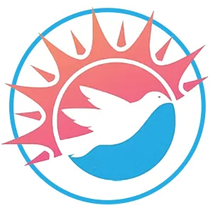 Logo of a dove with an olive branch in a circular design, featuring pink, blue, and white colors.