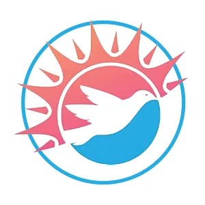 Logo featuring a white bird with a blue tail inside a pink sun with blue outline.