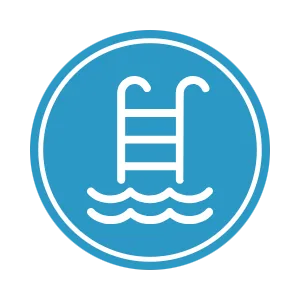 Swimming pool safety sign with a ladder and water waves