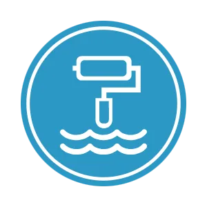 Water level monitoring icon with a roller and water waves inside a blue circle