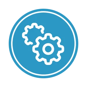 Icon of two white gears inside a blue circle with a white border