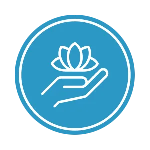 A hand holding a blooming lotus flower inside a circular outline on a blue background.