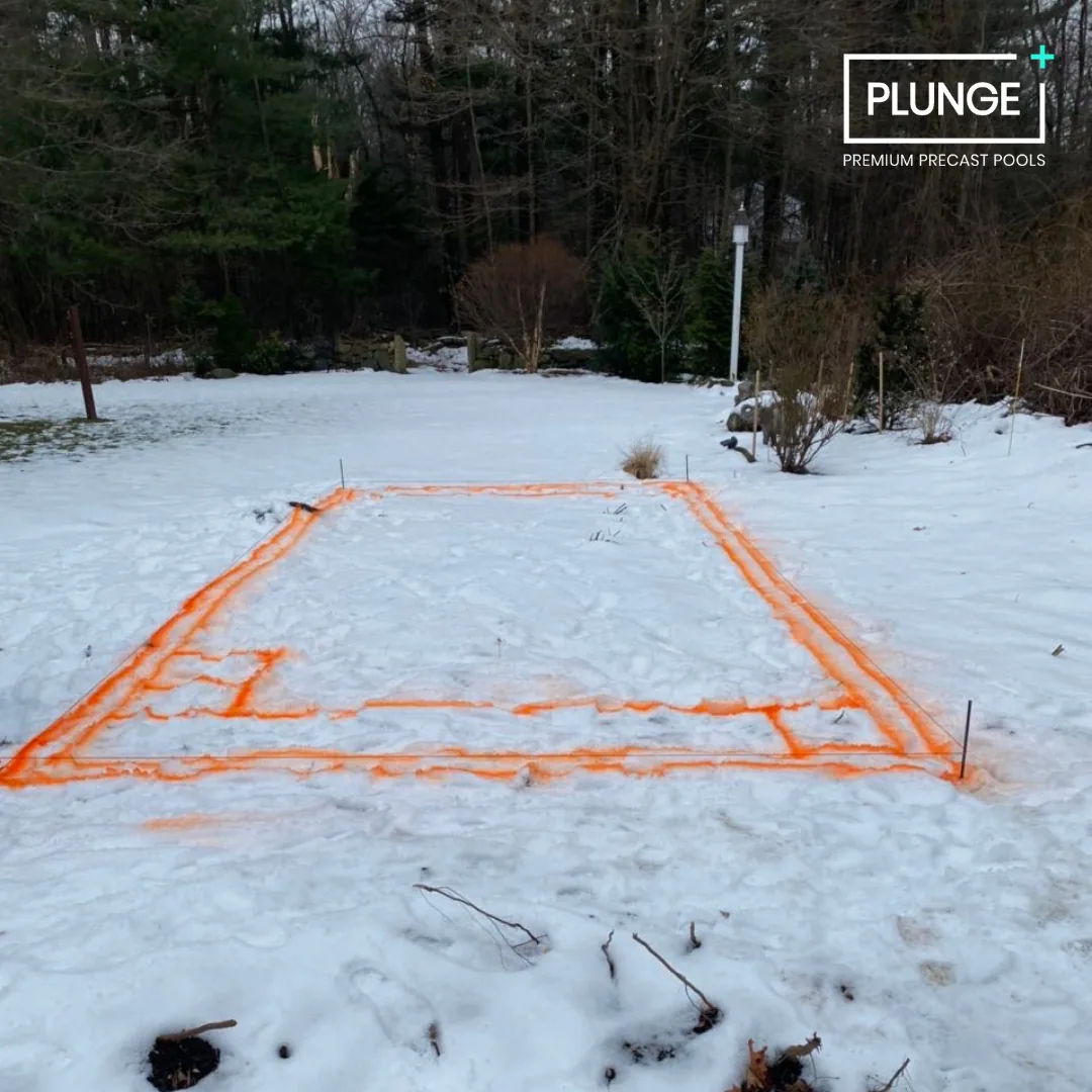 Snow-covered backyard with orange spray paint outlines marking a rectangular area, with trees and bushes in the background and a tall white lamp post.
